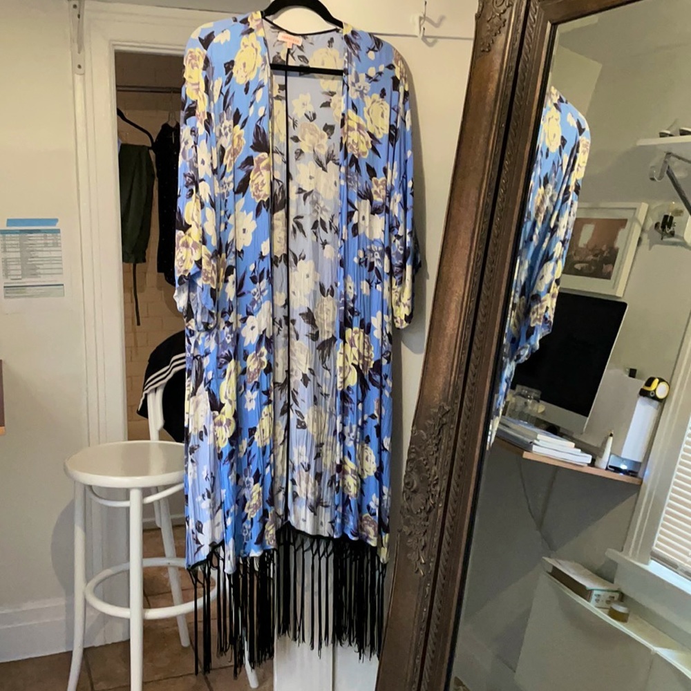 Blue floral kimono / cover up with tassels / fringe